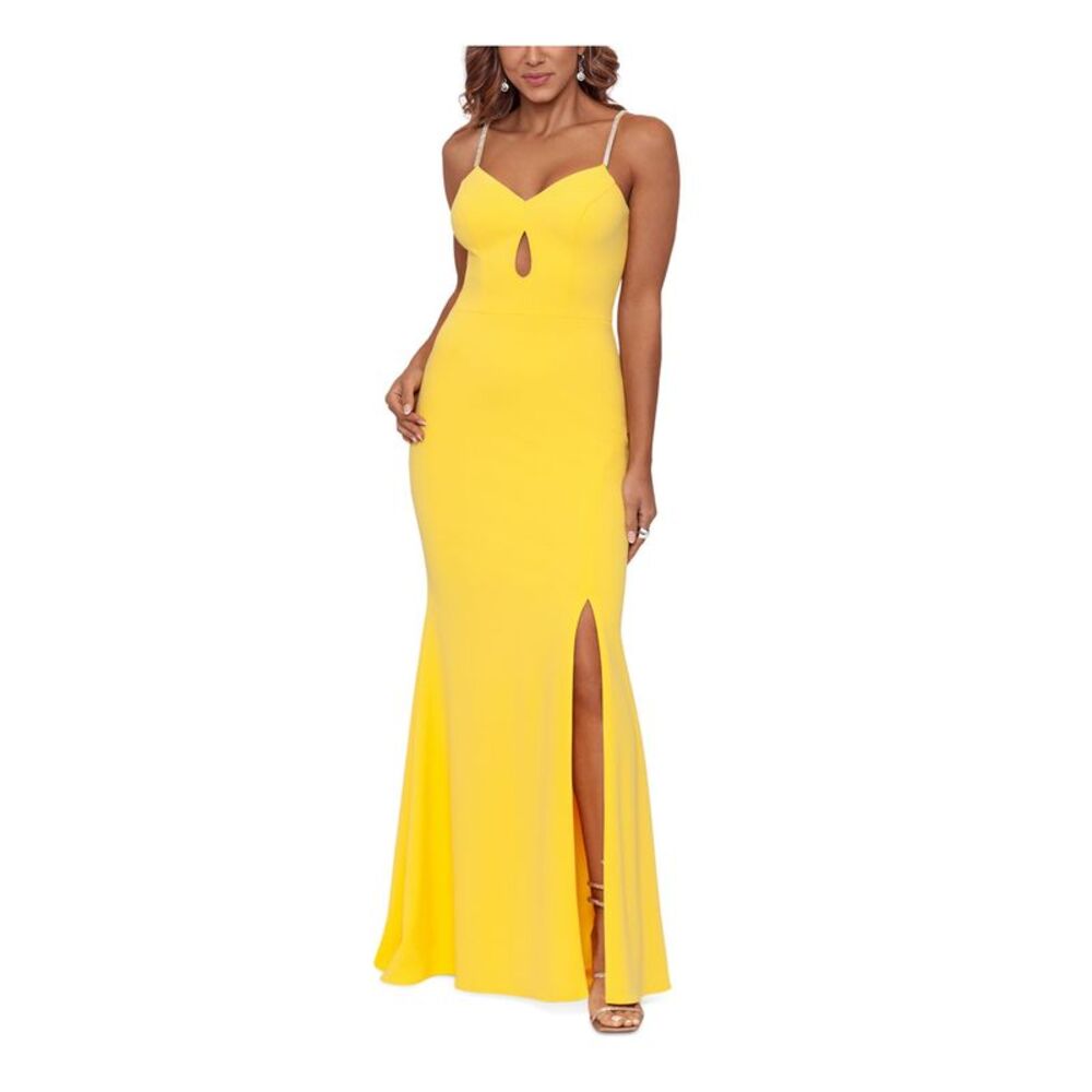 XSCAPE Womens Yellow Teardrop Cutout High Slit Lined Sleeveless Gown Dress 2